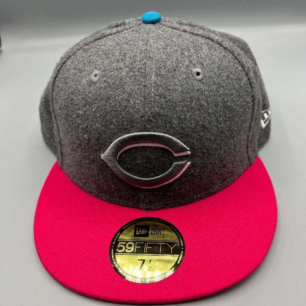 Cincinnati Reds Hat Men 7 1/2 Gray Pink 59Fifty New Era Fitted Cap Wool